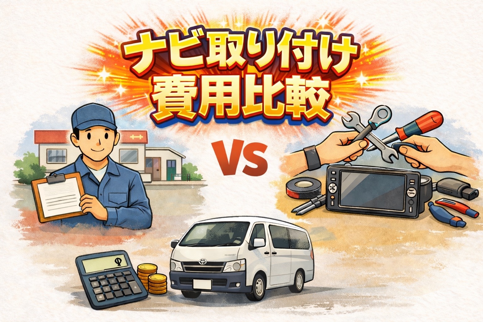 ハイエースワゴンの社外品ナビのDIYと業者の費用比較イラスト。