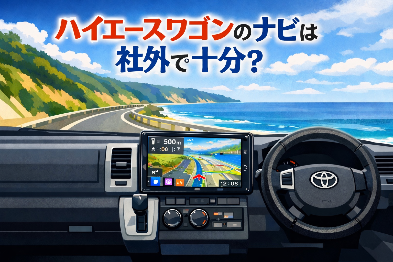 ハイエースワゴンの社外品ナビのイラスト。